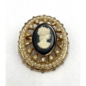 Vintage Signed CORO CAMEO Brooch Pin Black Pearl Rhinestone Oval FLAW